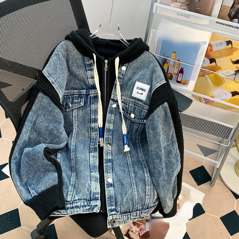 Znbbw Vintage Y2k Jackets Hooded Knit Patchwork Fake Two Piece Zipper Oversized Denim Coat Autumn All Match Women's Clothing