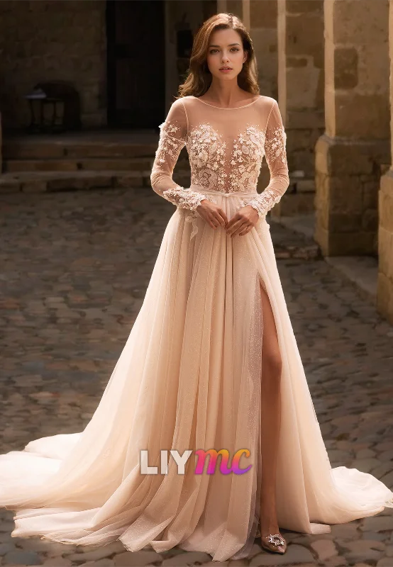Deal of the Day V-Neck Long Sleeves Appliques Tulle A-Line Wedding Dress