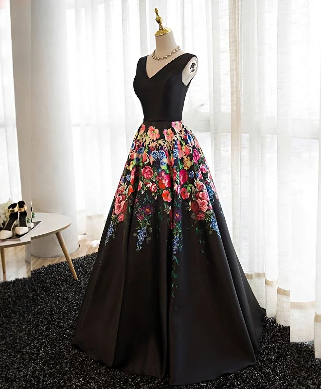Anniversary Sale Black V Neck Floral Patterns Long Prom Dress, Black Evening Dress