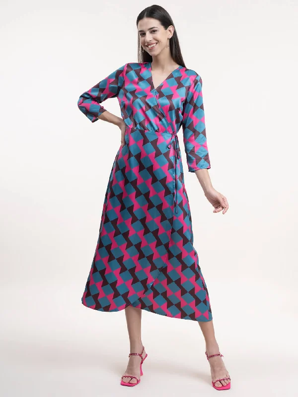 Satin Wrap A-Line Dress - Fuchsia and Teal