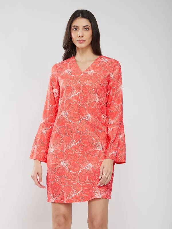 Floral Print Shift Dress - Orange