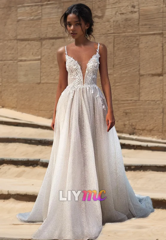 Price Blitz V-Neck Spaghetti Straps Appliques Pleated A-Line Wedding Dress