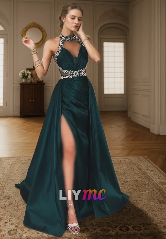 Price Break LP2267 - Halter Beaded V-Neck Sleeveless Pleated Sheath High Slit Prom Dress