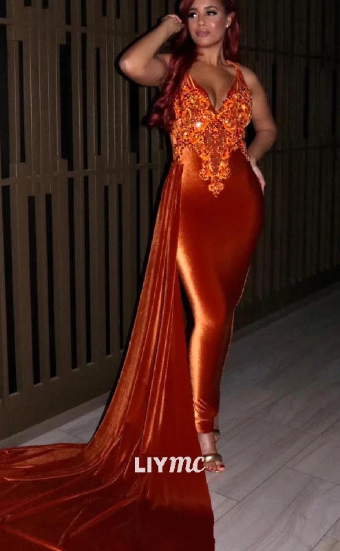 Year-End Sale LP2230 - V-Neck Sleeveless Appliques Mermaid Prom Dress for Black Girls Year-End Sale LP2230 - V-Neck Sleeveless Appliques Mermaid Prom Dress for Black Girls
