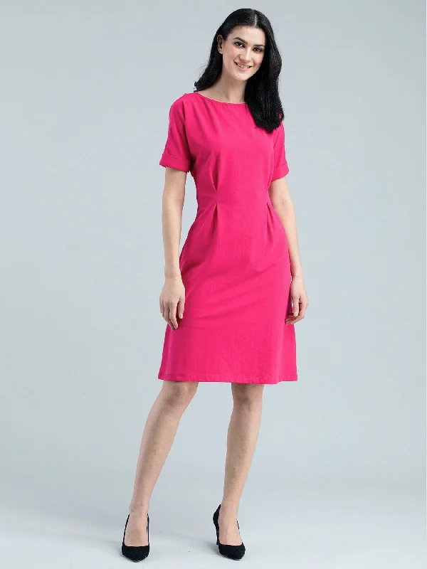 New Markdowns Boat Neck Drop Shoulder Knitted Fit & Flare Dress - Pink