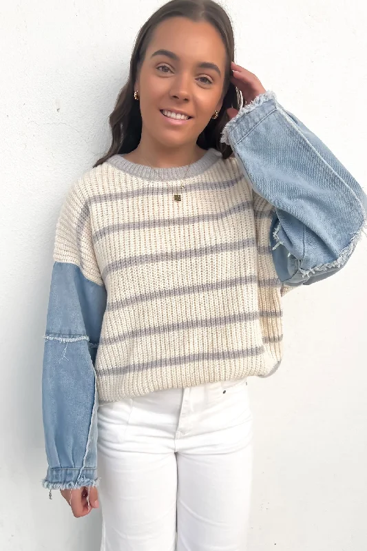 Season Finale Sale Ethan Knit Jumper Cream Grey Stripe