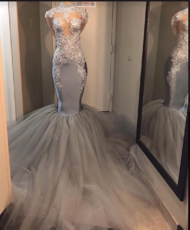 Year-End Sale 2024 Silver Long Sleeve Mermaid Trumpet Lace And Tulle Prom Dresses