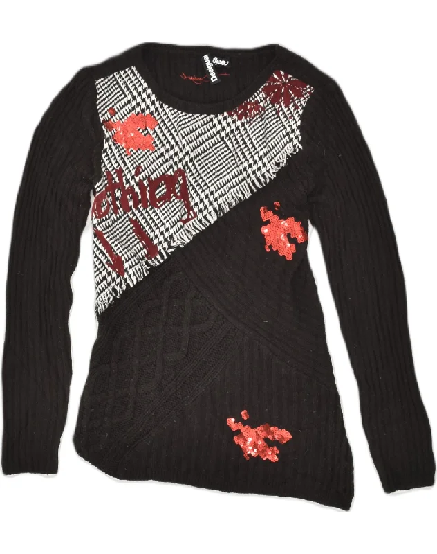 Daily Specials DESIGUAL Womens Graphic Crew Neck Jumper Sweater UK 12 Medium Black Wool