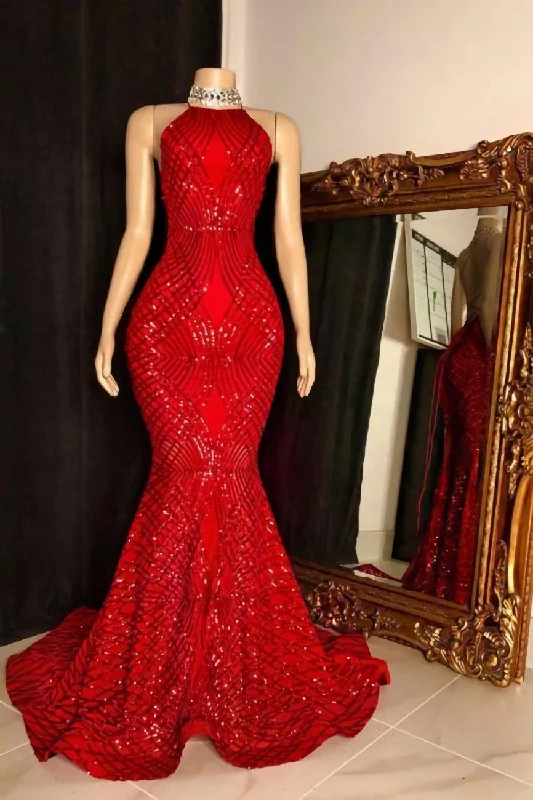 Reduced Prices Halter Sleeveless Red Long Sequin Trumpet Prom Dresses