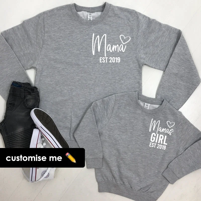 Personalised Mama & Girl Heart Established Matching Heather Grey Sweatshirts (MRK X)