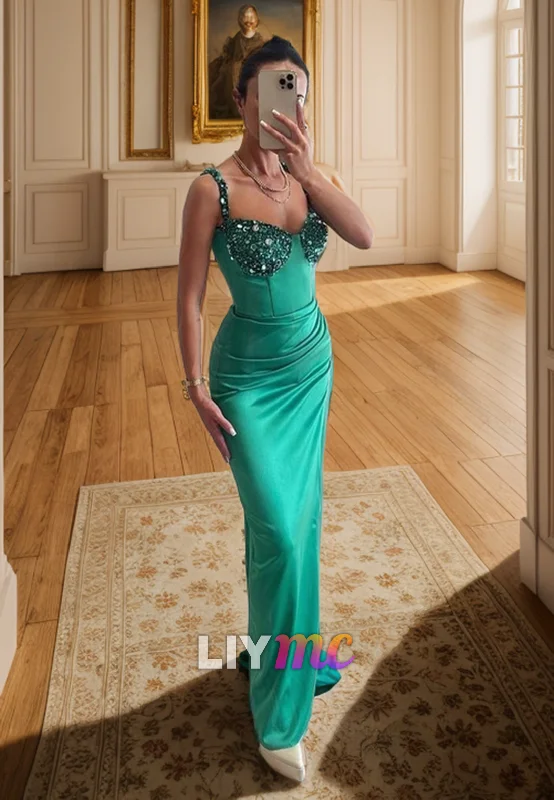 LP2318 - Sweetheart Sleeveless Beaded Ruched Sleek Satin Mermaid Prom Dress