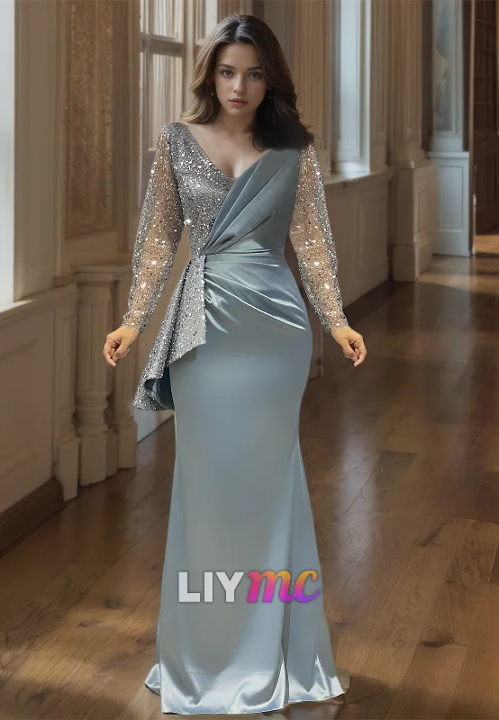 Discount Days V-Neck Long Sleeves Sequins Ruched Sleek Mermaid Prom Dress