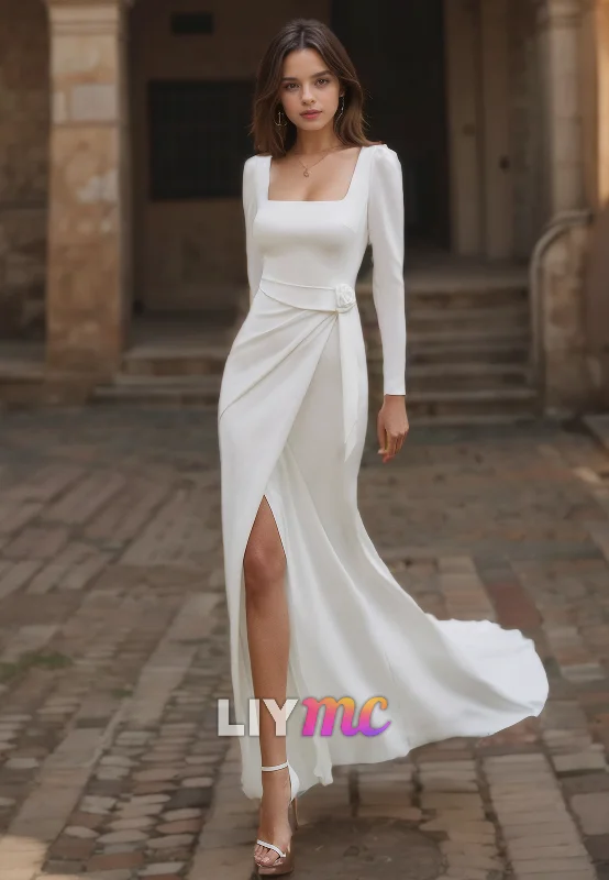 Final Clearance Square Long Sleeves Ruched Side Slit Wedding Dress