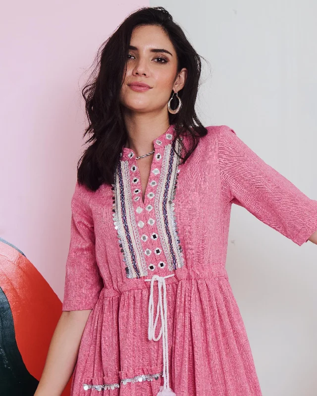 Special Promotion Leela Mirror Embroidered Midi Dress with Lace Detailing