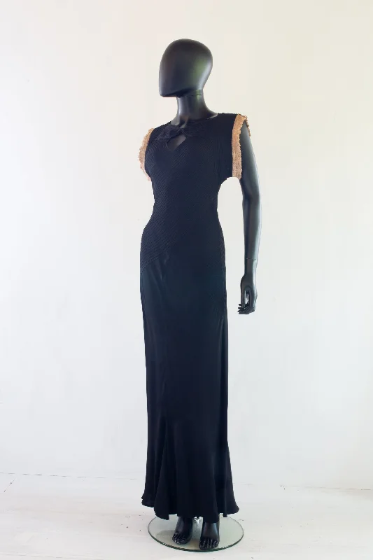 Vintage 1930s Black Crepe Pin Tuck Gown