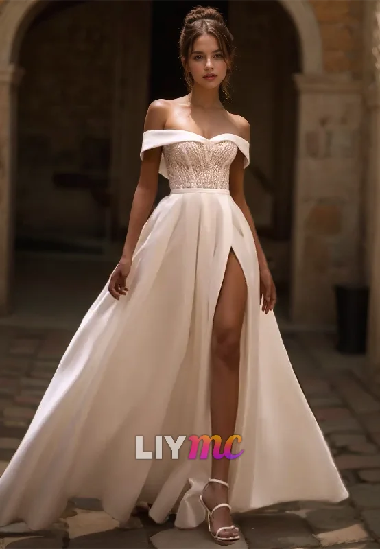 Price Slash Off-Shoulder Strapless Beaded Pleated Satin A-Line Wedding Dress