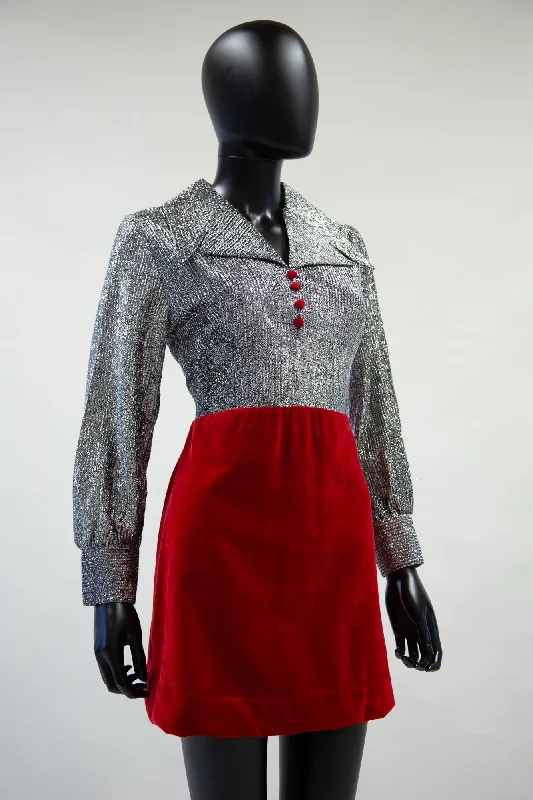 Reduced Prices Vintage 1970s Red Silver Velvet Maxi Dress
