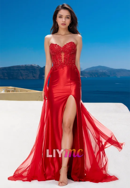 Bonus Savings Sweetheart Strapless Lace Appliques Side Slit Sheath Prom Dress