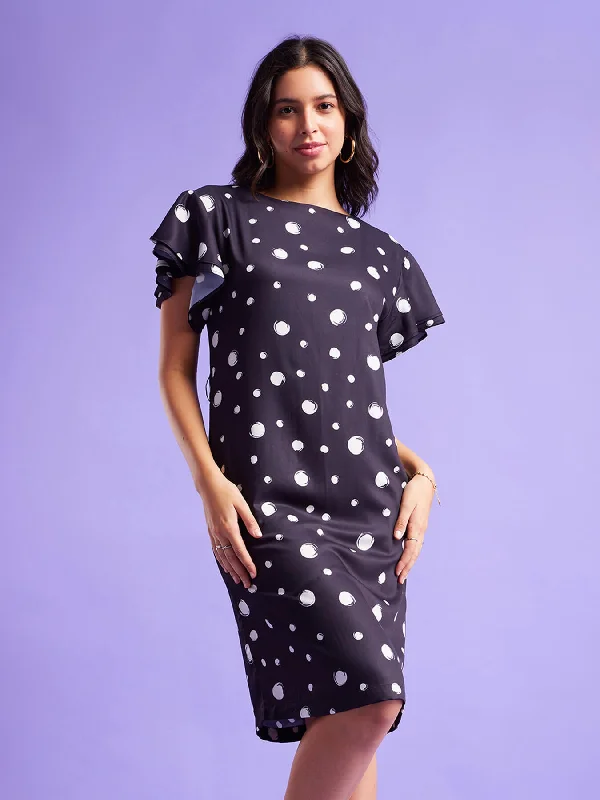 Polka Print Bell Sleeves Dress - Black