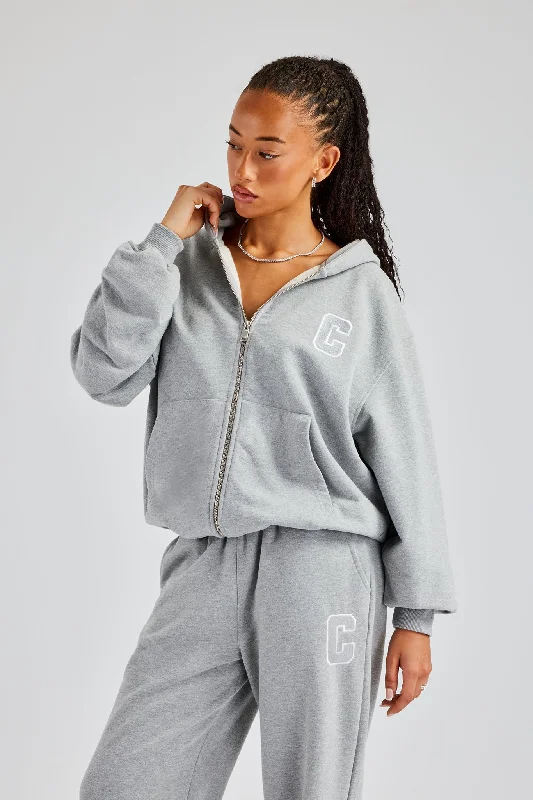 Steals and Deals C Embroidered Zip Through Hoodie - Grey Marl