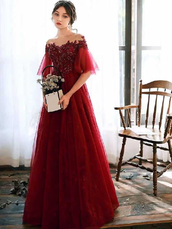 Buy Now Stunning evening dress Illusion Neckline A Line Half Sleeves Lace Floor Length Tulle Party Dresses