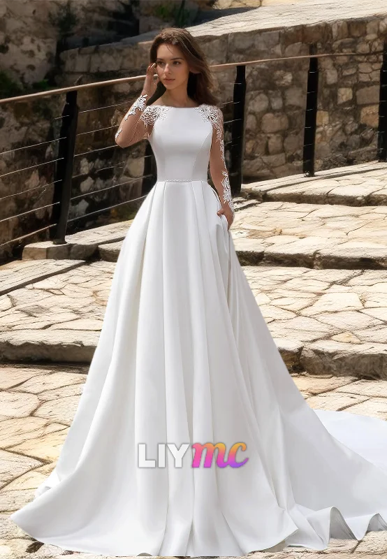Weekend Deal Bateau Long Sleeves Lace Appliques Pleated Satin A-Line Wedding Dress