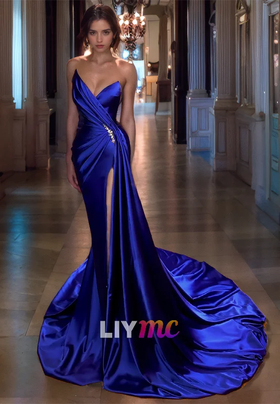 Discount Deals V-Neck Sleeveless High Slit Mermaid Ruched Prom Dress