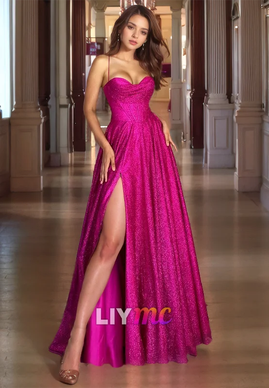 Savings Galore LP273 - Sparkly Spaghetti Straps Sweetheart Sequins A-Line Prom Dress With Slit