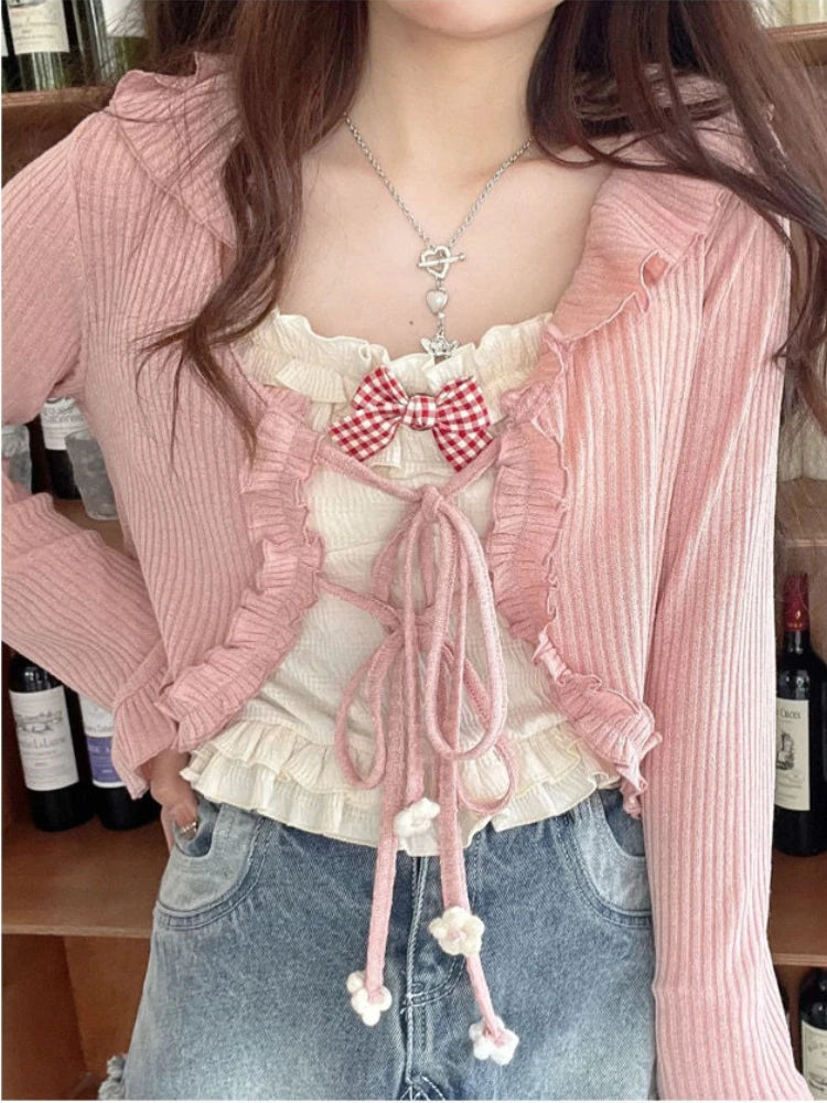 Znbbw Japanese Kawaii Sweet Cardigan Women Designer Korean Loose Cute Cardigan Female Beach Ruffle Strappy Casual Coat 2024 New