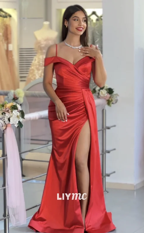Holiday Sale LP1991 - V-Neck Spaghetti Straps Ruched Sleek Satin High Slit Prom Dress Holiday Sale LP1991 - V-Neck Spaghetti Straps Ruched Sleek Satin High Slit Prom Dress