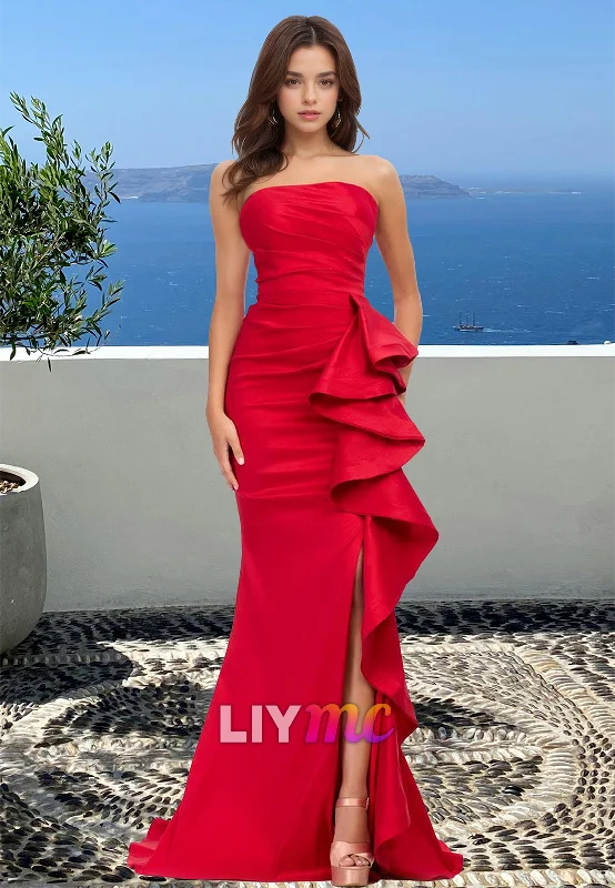 Buy Now Off-Shoulder Sleeveless Side Slit Ruffled Mermaid Prom Dress