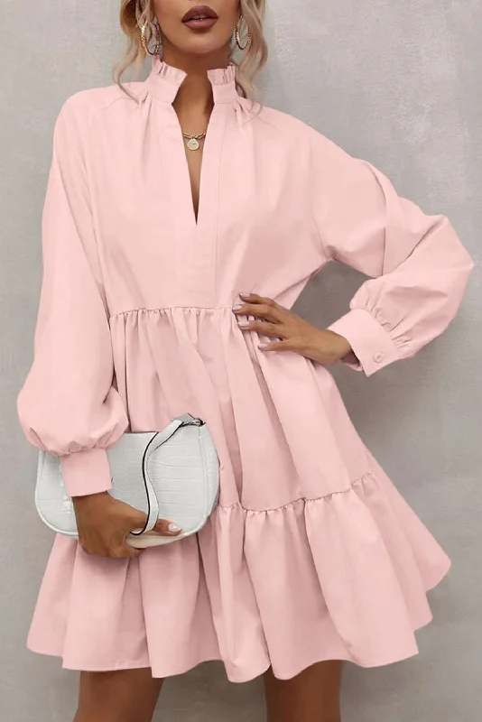 Year-End Sale Pink Casual Stand V Neck Short Frill Dress