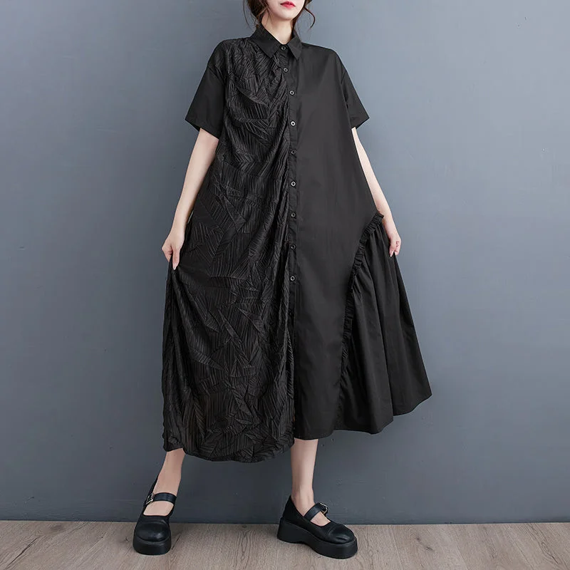 Markdown Madness Plus Size Black Textured Button Down Midi Shirt Dress