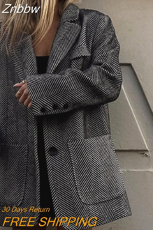 Znbbw Lapel Striped Fashion Loose Coat Casual Women's Elegant Thick Warm Blazer 2023 Autumn/Winter Female Commuter Outwear