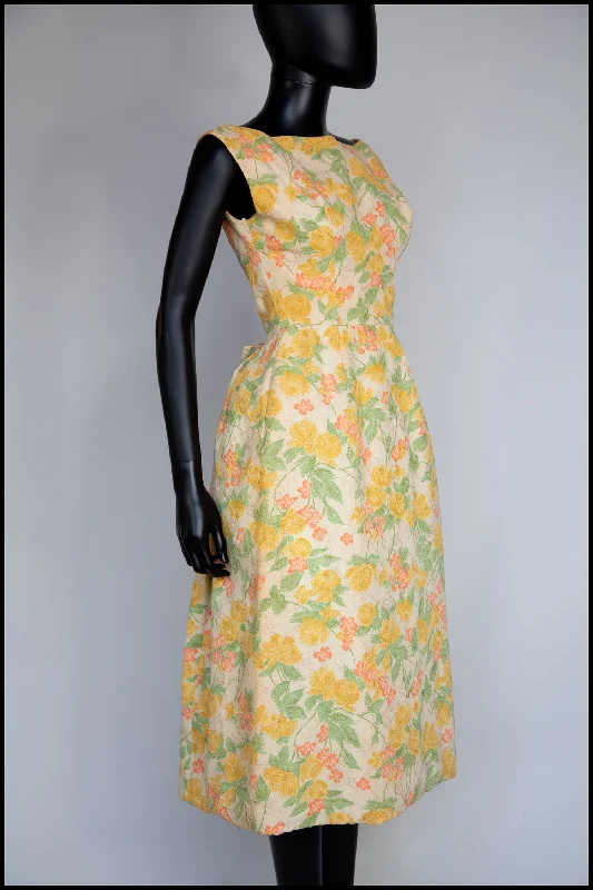 Limited Quantity Vintage 1950s Pastel Floral Brocade Cotton Dress