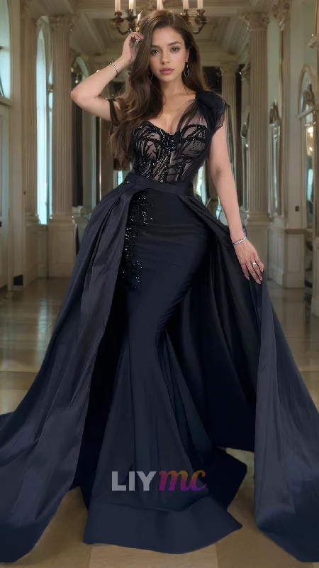 Referral Discount LP795 - One Shoulder Beads Overskirt Black Mermaid Long Formal Prom Dress Referral Discount LP795 - One Shoulder Beads Overskirt Black Mermaid Long Formal Prom Dress