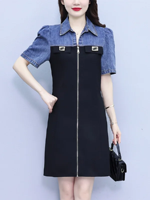 Plus Size Puff Sleeve Denim Black Dress