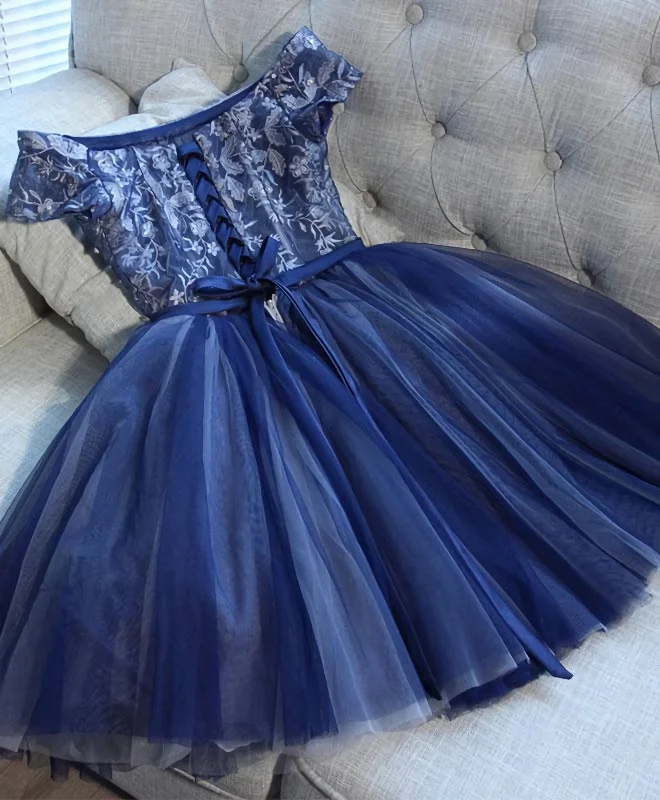 Unmissable Offer Blue Lace Off Shoulder Short Prom Dress, Blue Evening Dress