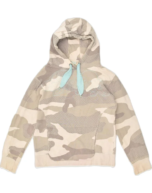 ANIMAL Womens Graphic Hoodie Jumper UK 10 Small Beige Camouflage Cotton