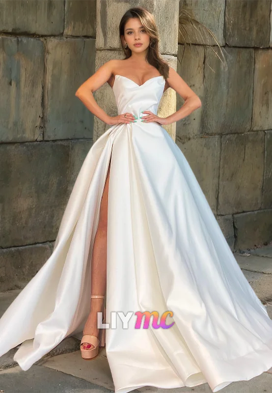 Can't Be Beat LP720 - A Line V Neck Strapless Satin Long Prom Evening Dress With Slit Can't Be Beat LP720 - A Line V Neck Strapless Satin Long Prom Evening Dress With Slit