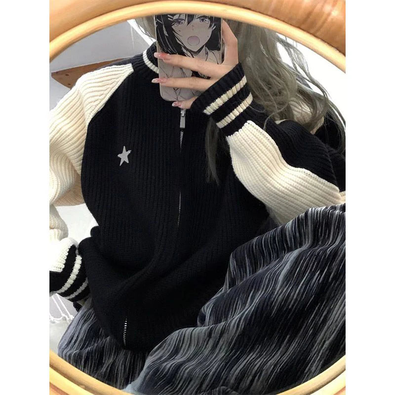 Znbbw Star Knitted Cardigan Women Y2K Patchwork Sweater Coat Vintage Harajuku Oversized Print Knitwear Korean Loose Jumpers