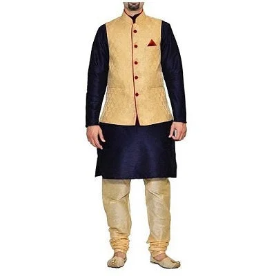 Online Only M6, Gold Jacket with Maroon Lining and Navy Blue Kurta Gold Pyjami, Size (38 to 42)