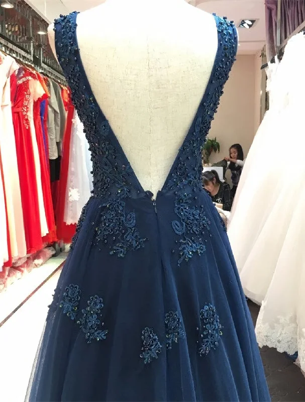 Discount Deals Elegant Navy Blue Tulle Backless Floor Length Prom Dresses, Party Gowns Evening Dresses, Navy Blue Formal Dresses Discount Deals Elegant Navy Blue Tulle Backless Floor Length Prom Dresses, Party Gowns Evening Dresses, Navy Blue Formal Dresses