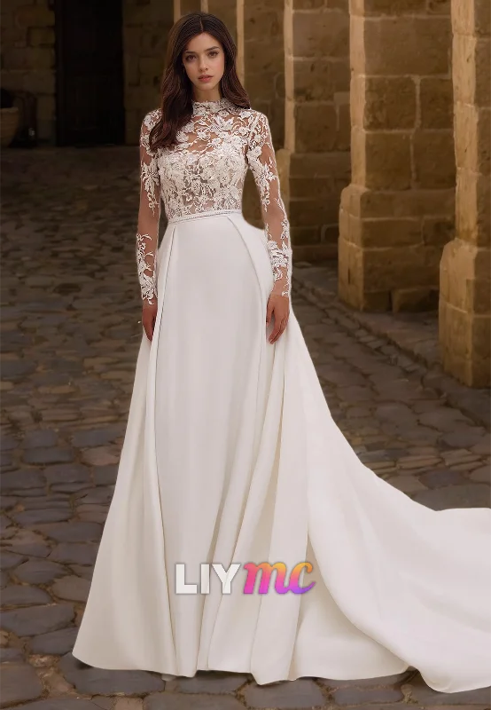 Exclusive Deal High Neck Long Sleeves Appliques Sleek A-Line Wedding Dress