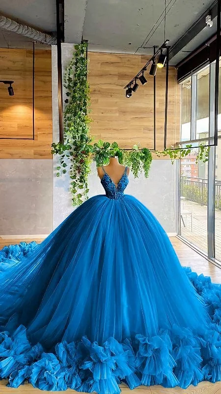 Seasonal Clearance Elegant Blue Ball Gown Long Prom Dress