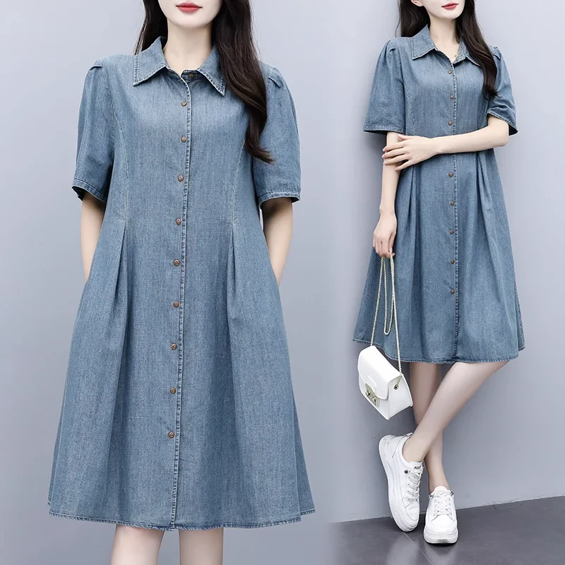 Value Deals Plus Size Denim Buttons Pleat A Line Shirt Dress