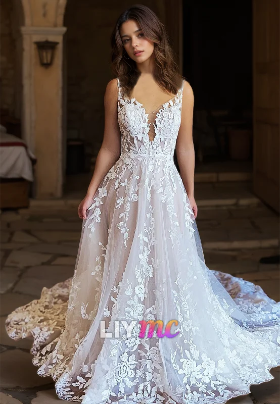 Final Sale V-Neck Spaghetti Straps Sleeveless Appliques A-Line Wedding Dress
