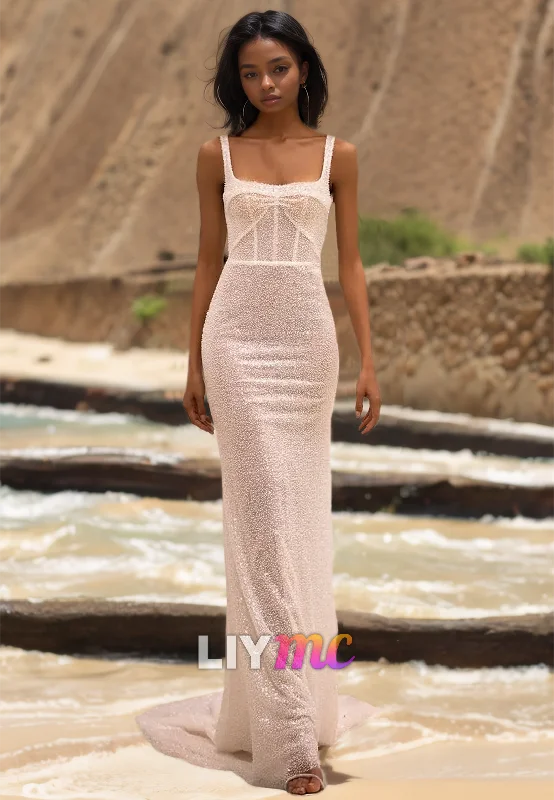 Special Offer Square Straps Sleeveless Mermaid Removable Train Wedding Dress