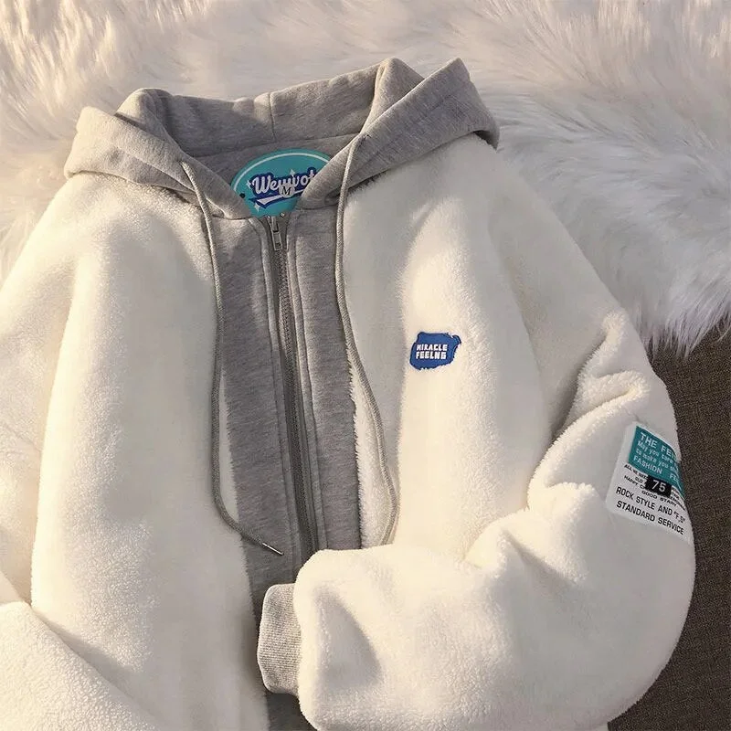 Best Bargains Znbbw Women Fake Two-piece Hoodie Autumn Retro Hip-hop Lamb Wool Zipper Fashion Sweatshirt Female Casual Velvet Oversized Jacket Coats