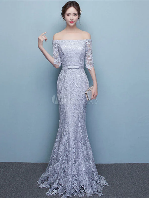 Buy Now Amazing Mermaid Evening Dress Lace Off The Shoulder Party Dress Silver Half Sleeve Floor Length Occasion Dress With Bow Sash wedding guest dress